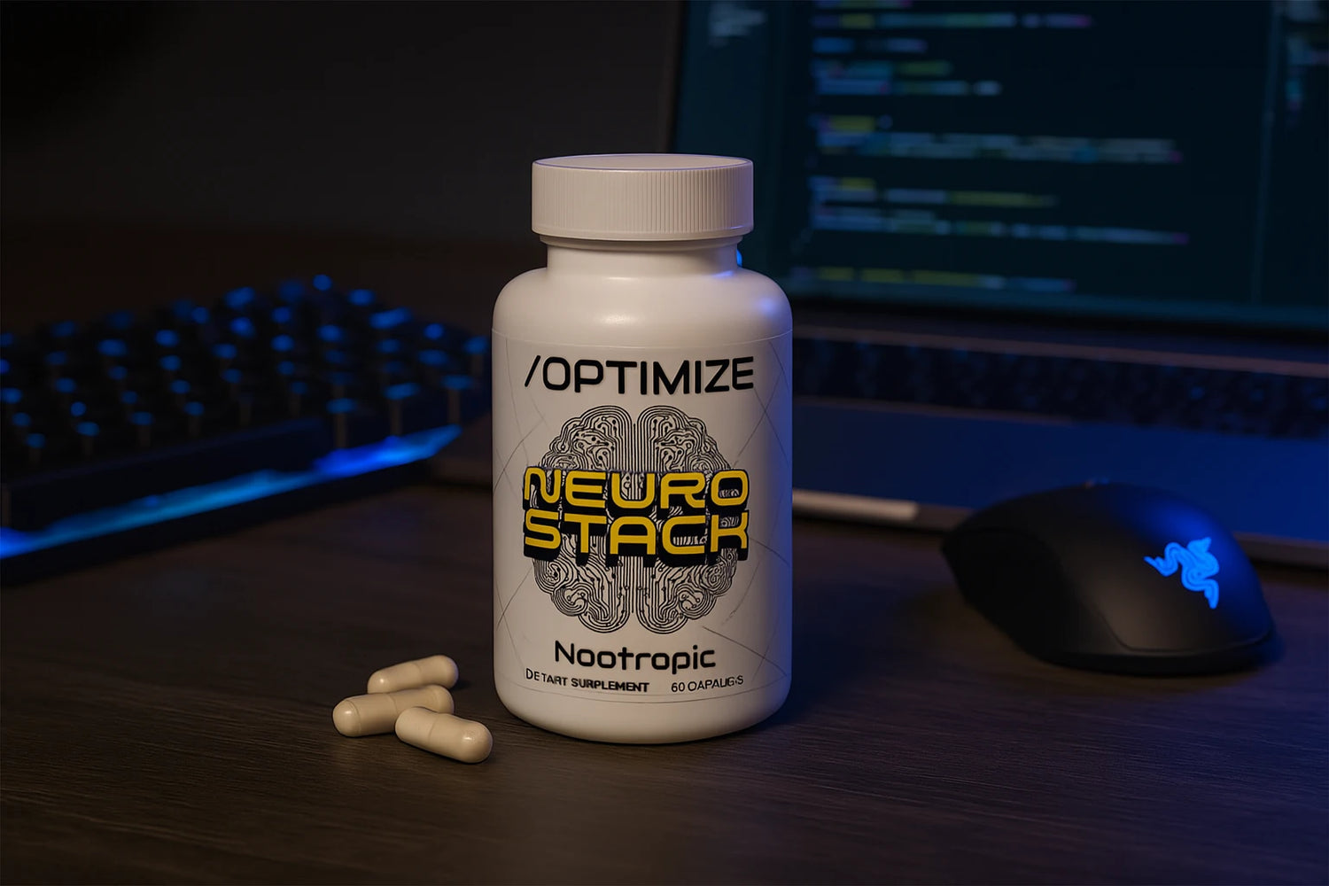 NeuroStack nootropic supplement bottle with capsules on a desk in front of a computer setup